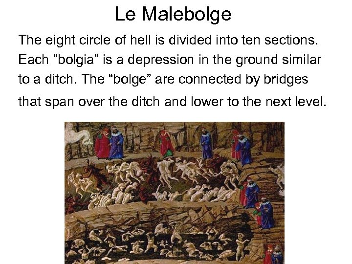 Le Malebolge The eight circle of hell is divided into ten sections. Each “bolgia”