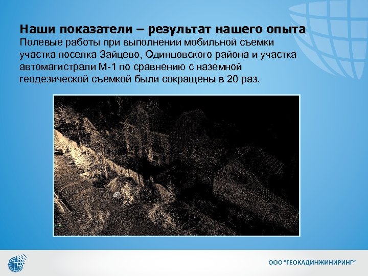 Наши показатели – результат нашего опыта Полевые работы при выполнении мобильной съемки участка поселка