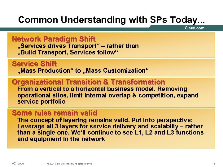 Common Understanding with SPs Today. . . Network Paradigm Shift „Services drives Transport“ –