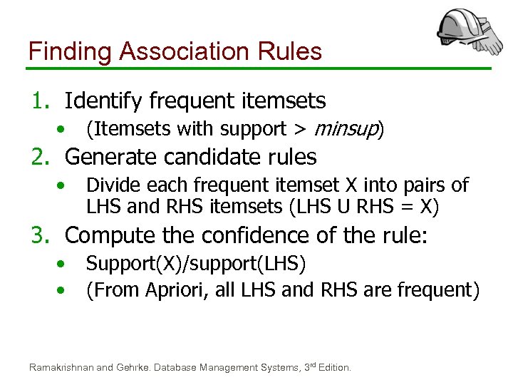 Finding Association Rules 1. Identify frequent itemsets • (Itemsets with support > minsup) 2.