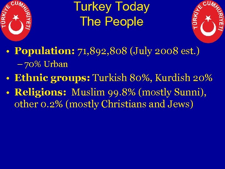 Turkey Today The People • Population: 71, 892, 808 (July 2008 est. ) –