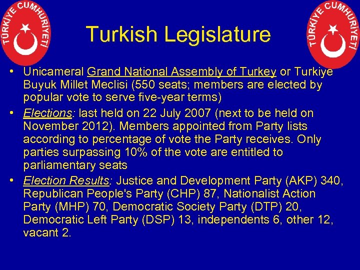 Turkish Legislature • Unicameral Grand National Assembly of Turkey or Turkiye Buyuk Millet Meclisi