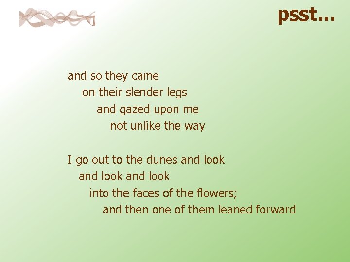 psst. . . and so they came on their slender legs and gazed upon