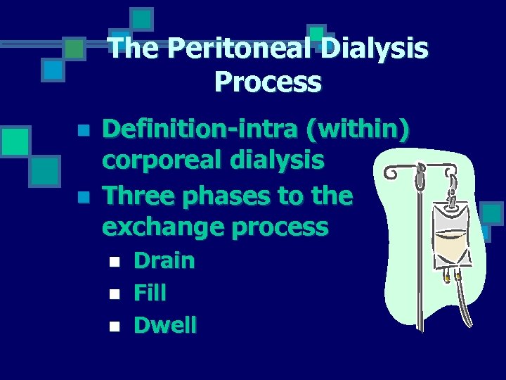 The Peritoneal Dialysis Process n n Definition-intra (within) corporeal dialysis Three phases to the