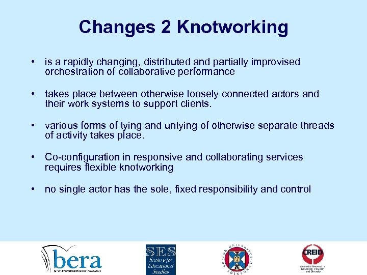 Changes 2 Knotworking • is a rapidly changing, distributed and partially improvised orchestration of