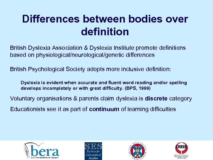 Differences between bodies over definition British Dyslexia Association & Dyslexia Institute promote definitions based