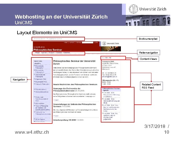 Webhosting an der Universität Zürich Uni. CMS Layout Elemente im Uni. CMS Brotkrumenpfad Reiternavigation