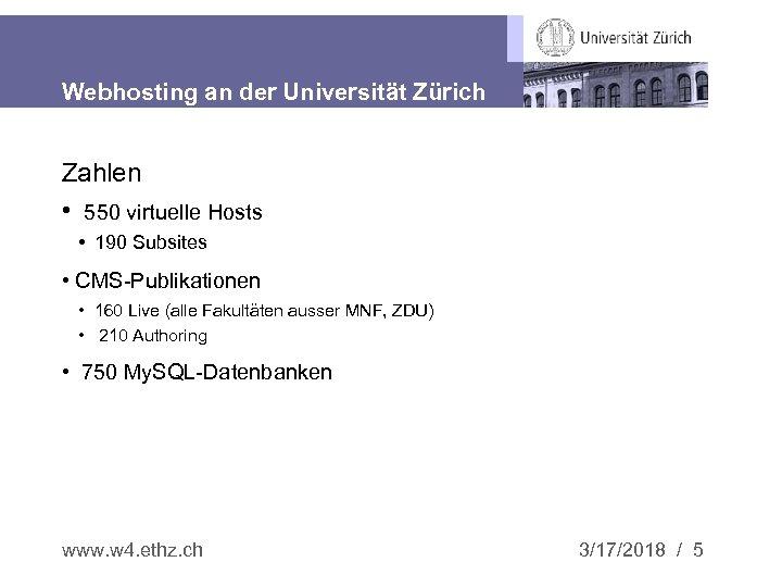 Webhosting an der Universität Zürich Zahlen • 550 virtuelle Hosts • 190 Subsites •