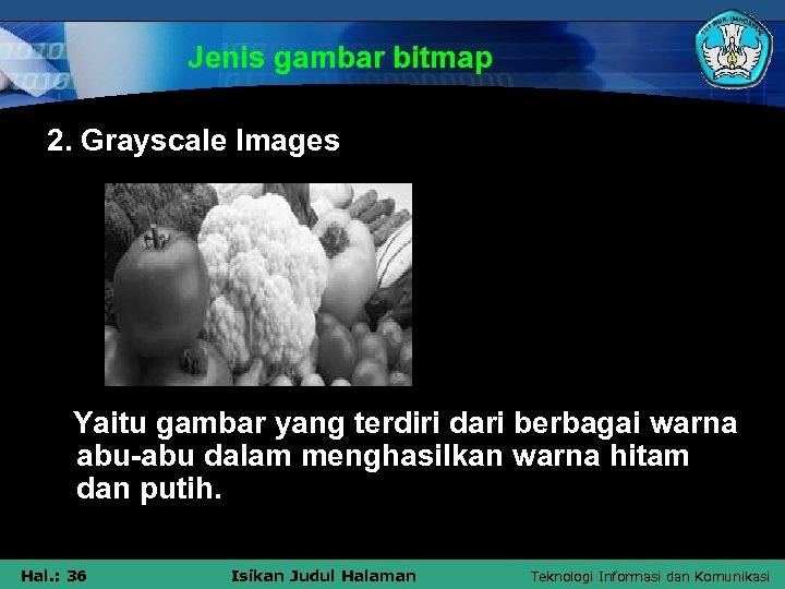 Jenis gambar bitmap 2. Grayscale Images Yaitu gambar yang terdiri dari berbagai warna abu-abu