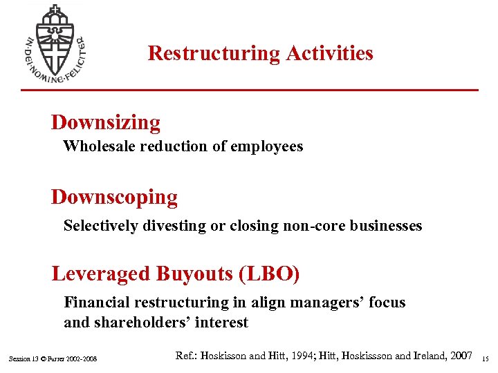 Restructuring Activities Downsizing Wholesale reduction of employees Downscoping Selectively divesting or closing non-core businesses