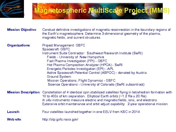 Magnetospheric Multi. Scale Project (MMS) Mission Objective: Conduct definitive investigations of magnetic reconnection in
