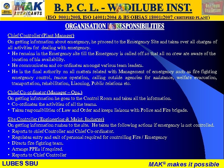 LUBES SBU - WR (ISO 9001: 2008, ISO 14001: 2004 & BS OHSAS 18001: