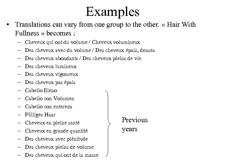 Examples • Translations can vary from one group to the other. « Hair With
