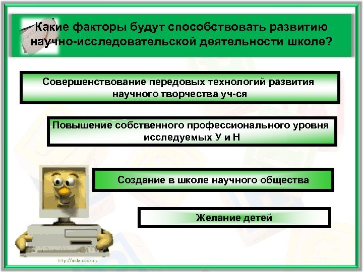 Какие факторы будут способствовать развитию научно-исследовательской деятельности школе? Совершенствование передовых технологий развития научного творчества