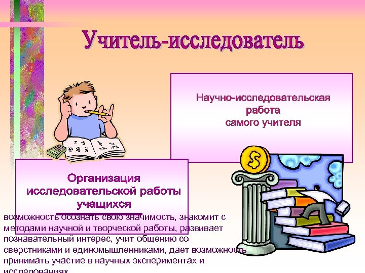  возможность осознать свою значимость, знакомит с методами научной и творческой работы, развивает познавательный