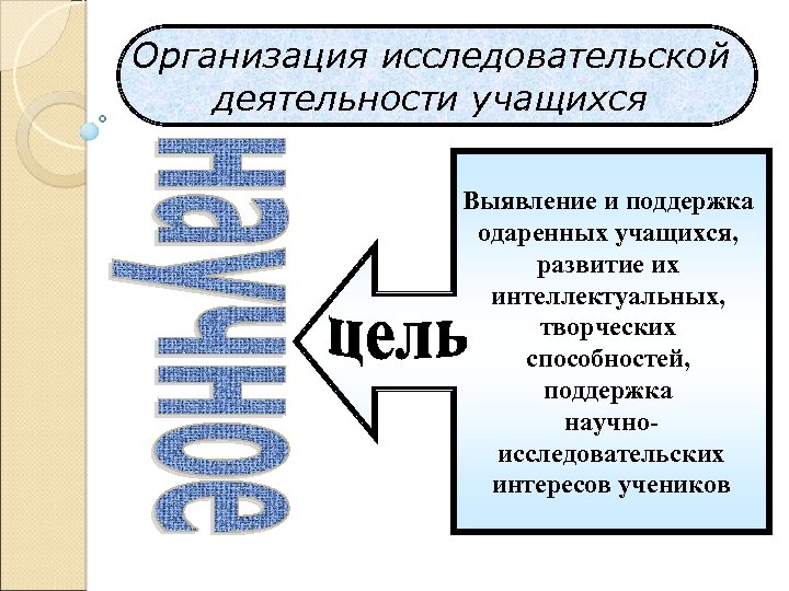 Организация исследовательской деятельности учащихся Выявление и поддержка одаренных учащихся, развитие их интеллектуальных, творческих способностей,