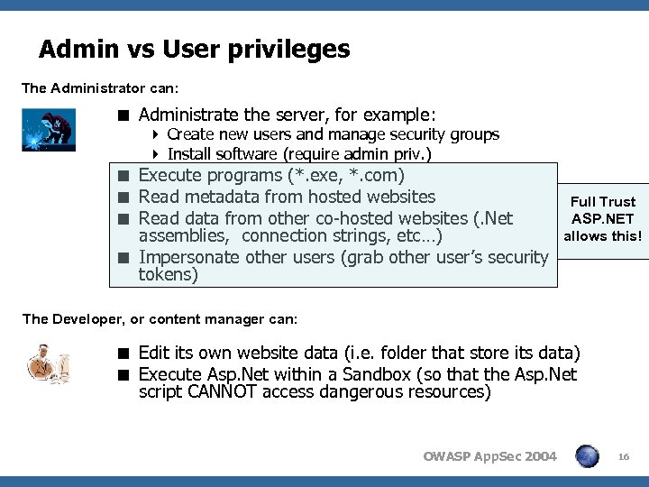 Admin vs User privileges The Administrator can: < Administrate the server, for example: 4