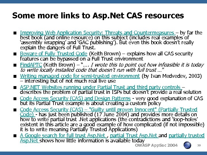 Some more links to Asp. Net CAS resources < Improving Web Application Security: Threats