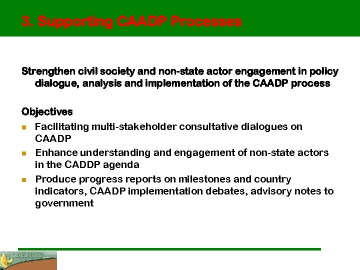 3. Supporting CAADP Processes Strengthen civil society and non-state actor engagement in policy dialogue,