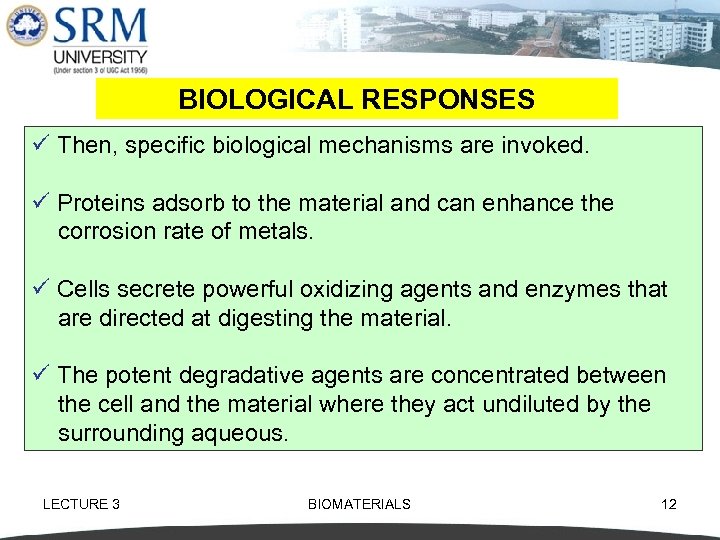 BIOLOGICAL RESPONSES ü Then, specific biological mechanisms are invoked. ü Proteins adsorb to the