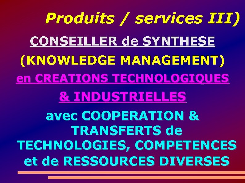 Produits / services III) CONSEILLER de SYNTHESE (KNOWLEDGE MANAGEMENT) en CREATIONS TECHNOLOGIQUES & INDUSTRIELLES