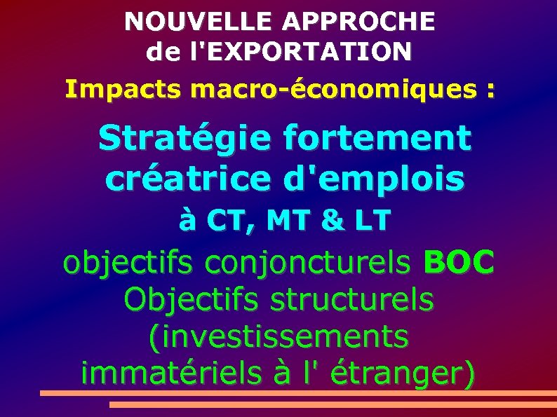 NOUVELLE APPROCHE de l'EXPORTATION Impacts macro-économiques : Stratégie fortement créatrice d'emplois à CT, MT