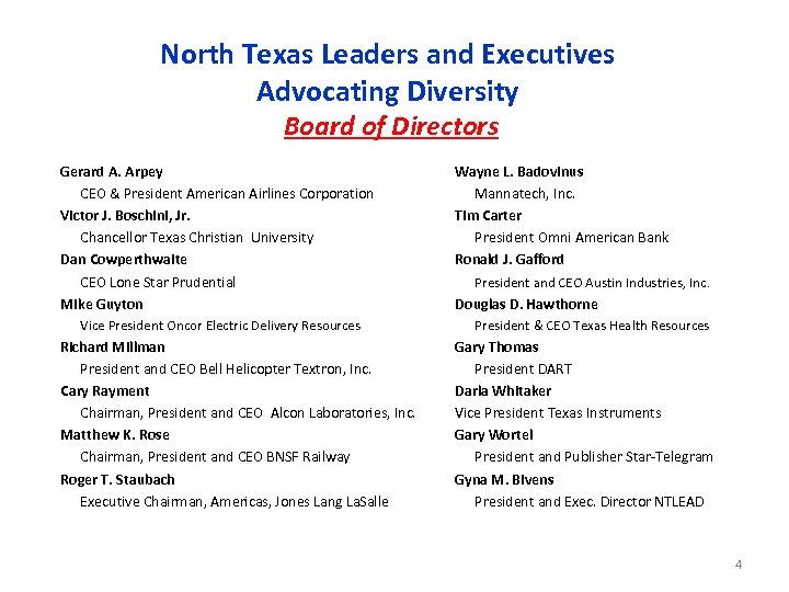 North Texas Leaders and Executives Advocating Diversity Board of Directors Gerard A. Arpey CEO