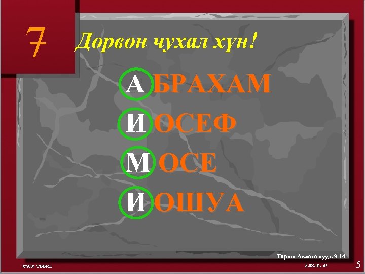 7 Дөрвөн чухал хүн! А БРАХАМ И ОСЕФ М ОСЕ И ОШУА Гарын Авлага