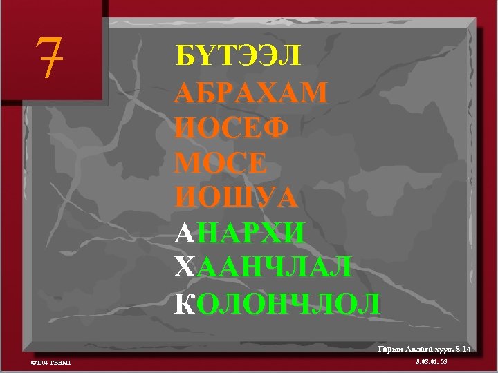 7 БҮТЭЭЛ АБРАХАМ ИОСЕФ МОСЕ ИОШУА АНАРХИ ХААНЧЛАЛ КОЛОНЧЛОЛ Гарын Авлага хууд. 8 -14