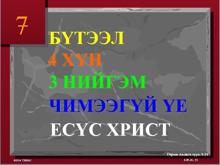 7 БҮТЭЭЛ 4 ХҮН 3 НИЙГЭМ ЧИМЭЭГҮЙ ҮЕ ЕСҮС ХРИСТ Гарын Авлага хууд. 8