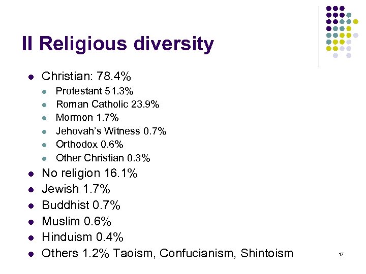 II Religious diversity l Christian: 78. 4% l l l Protestant 51. 3% Roman
