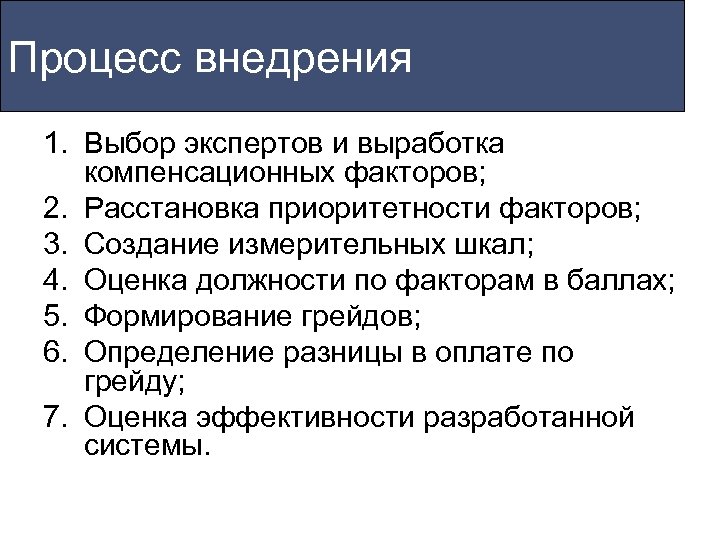 Процесс внедрения 1. Выбор экспертов и выработка компенсационных факторов; 2. Расстановка приоритетности факторов; 3.