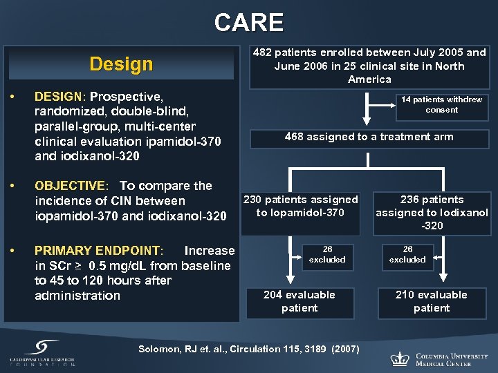 CARE Design • DESIGN: Prospective, randomized, double-blind, parallel-group, multi-center clinical evaluation ipamidol-370 and iodixanol-320