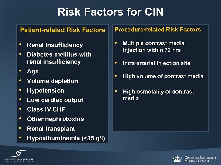 Risk Factors for CIN Patient-related Risk Factors Procedure-related Risk Factors • • Renal insufficiency