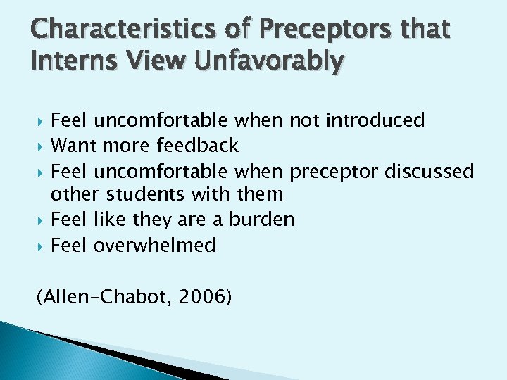Characteristics of Preceptors that Interns View Unfavorably Feel uncomfortable when not introduced Want more