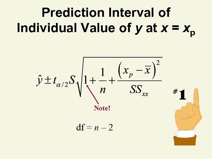 Prediction Interval of Individual Value of y at x = xp Note! df =
