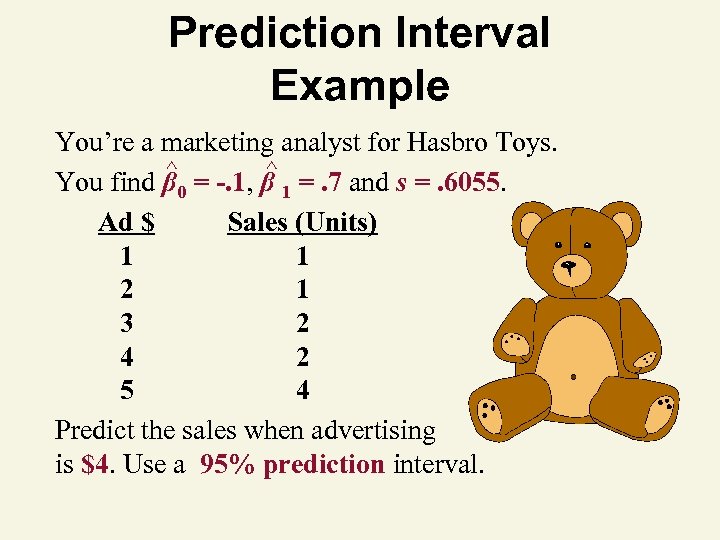 Prediction Interval Example You’re a marketing analyst for Hasbro Toys. ^ ^ You find