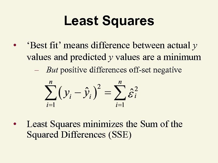 Least Squares • ‘Best fit’ means difference between actual y values and predicted y