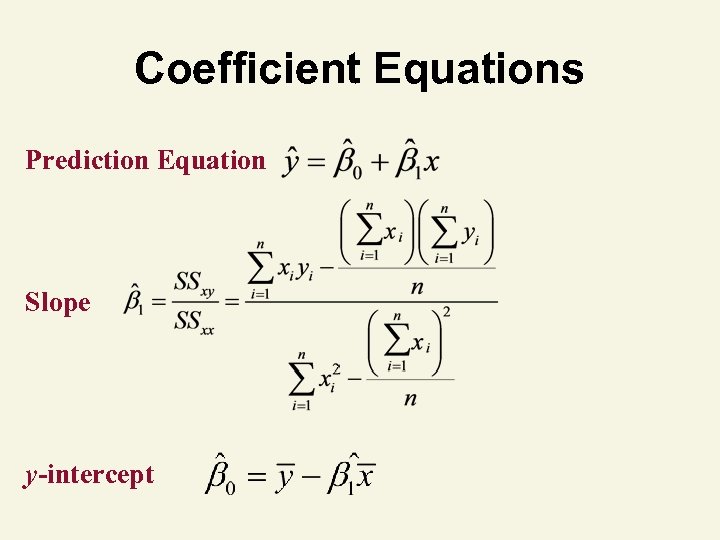 Coefficient Equations Prediction Equation Slope y-intercept 