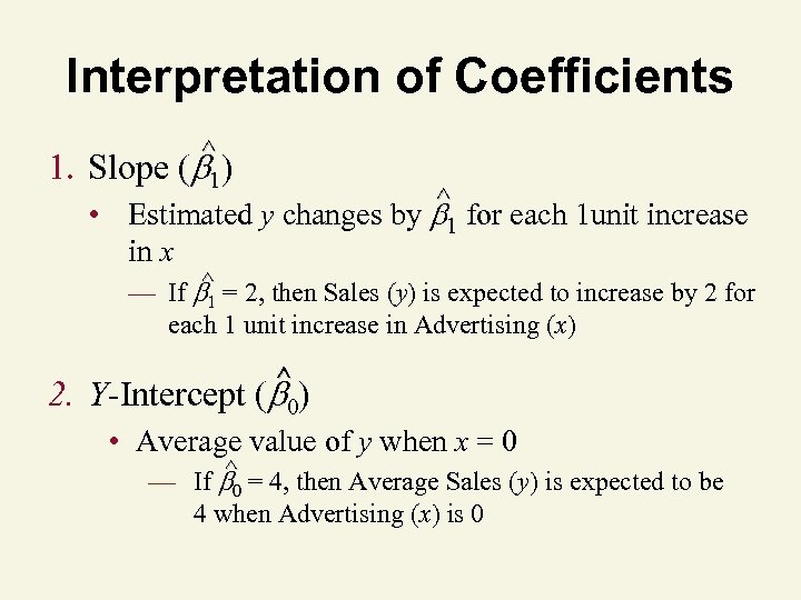 Interpretation of Coefficients ^ 1. Slope ( 1) ^ • Estimated y changes by