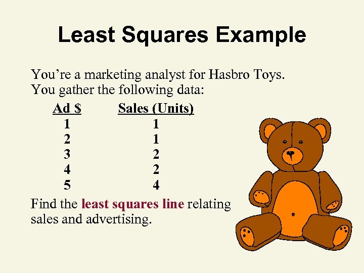 Least Squares Example You’re a marketing analyst for Hasbro Toys. You gather the following