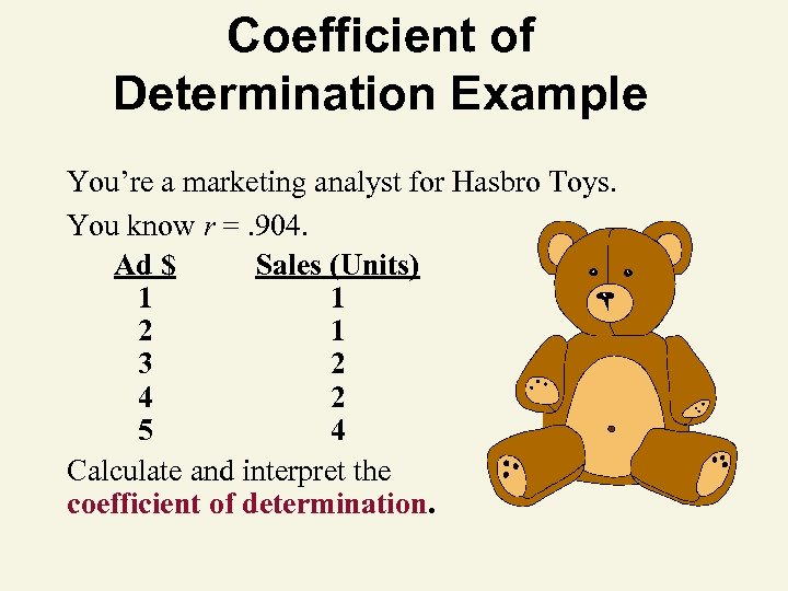 Coefficient of Determination Example You’re a marketing analyst for Hasbro Toys. You know r