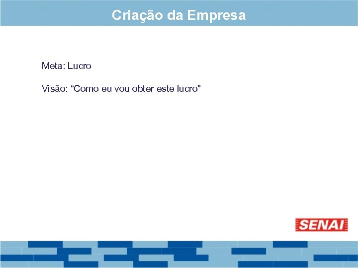 Criação da Empresa Meta: Lucro Visão: “Como eu vou obter este lucro” 