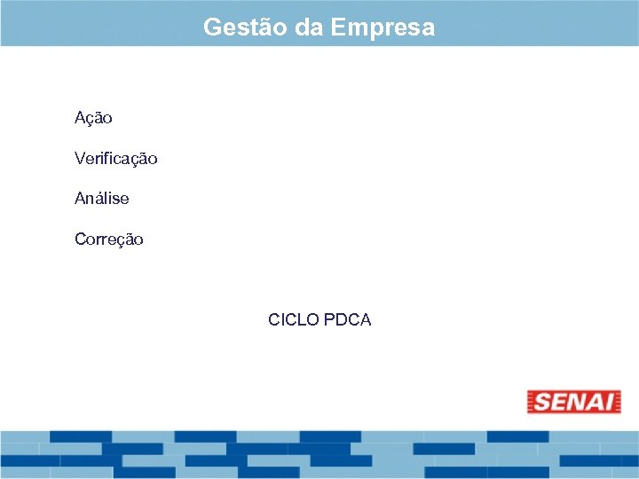 Gestão da Empresa Ação Verificação Análise Correção CICLO PDCA 