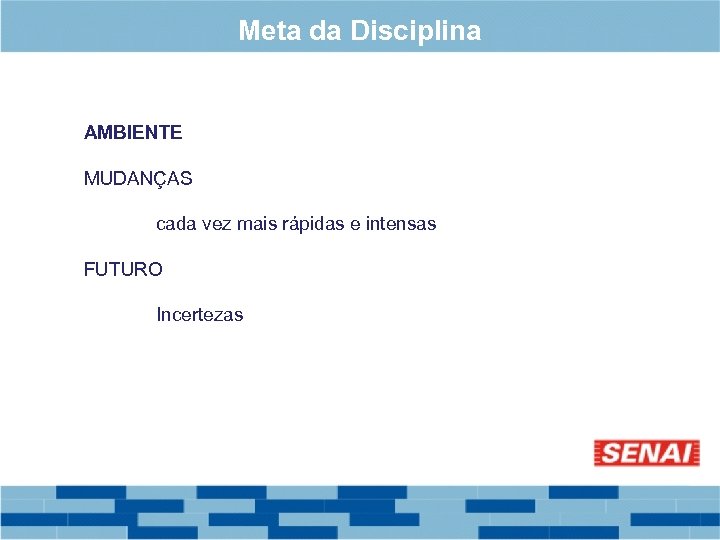 Meta da Disciplina AMBIENTE MUDANÇAS cada vez mais rápidas e intensas FUTURO Incertezas 