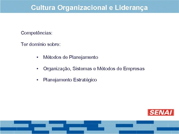 Cultura Organizacional e Liderança Competências: Ter domínio sobre: • Métodos de Planejamento • Organização,