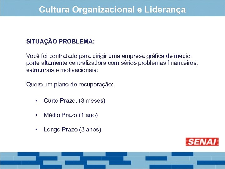 Cultura Organizacional e Liderança SITUAÇÃO PROBLEMA: Você foi contratado para dirigir uma empresa gráfica