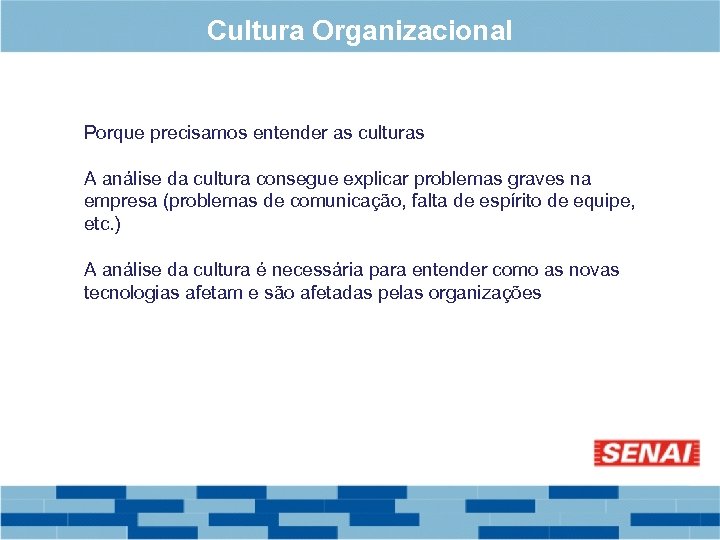 Cultura Organizacional Porque precisamos entender as culturas A análise da cultura consegue explicar problemas