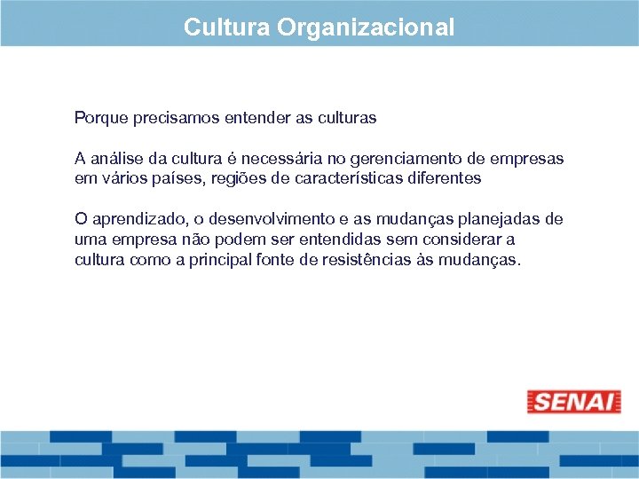 Cultura Organizacional Porque precisamos entender as culturas A análise da cultura é necessária no