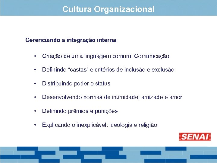 Cultura Organizacional Gerenciando a integração interna • Criação de uma linguagem comum. Comunicação •